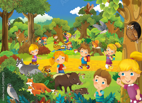 Cartoon scene with kids having fun in the park - illustration for children