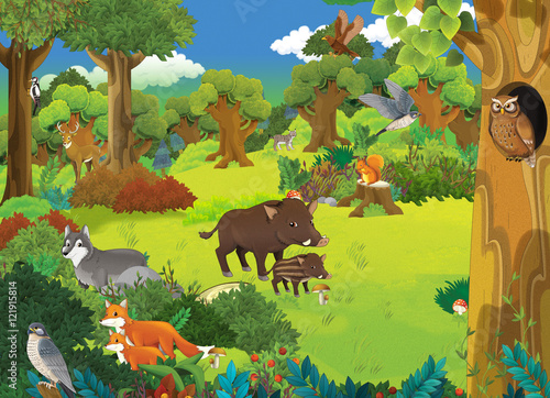 Fototapeta Kreskówki scena z dzikimi zwierzętami w lesie - ilustracja dla dzieci