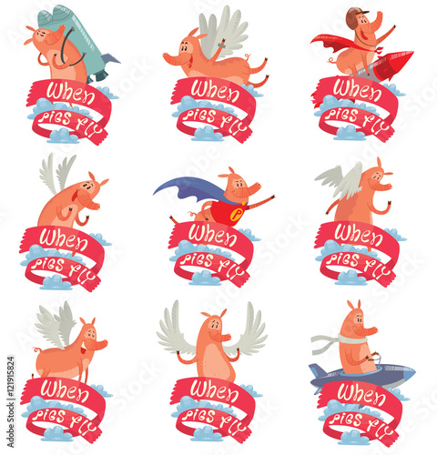 Vector set of emblems with red banners, clouds and with cartoon images of funny pink pigs with various emotions and actions on white background. Cute pig with a long nose. Inscription "When pigs fly".