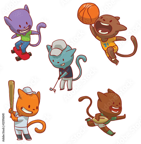 Vector set of cute cats of different colors in various clothes involved in sports: engaged in skateboarding, playing basketball, playing golf, playing baseball and playing rugby on a white background.