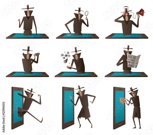 Vector set of cartoon images of a spies in black coats, hats and sunglasses performing different actions with different attributes in the hands from the black-blue smartphones on a white background.
