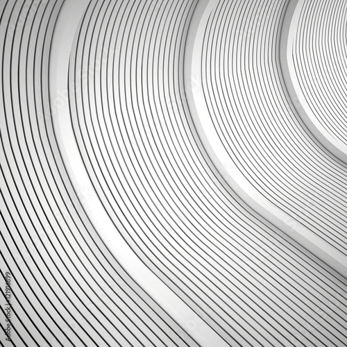 3d illustration. Architectural abstract white background based on rhythm of extruded rounded lines in perspective. Render.