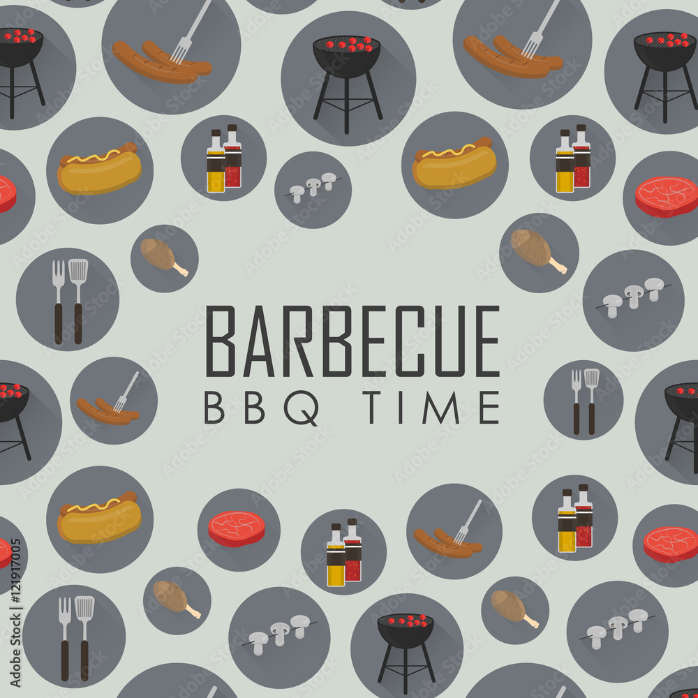 BBQ time vector illustrations. Barbecue seamless pattern with grill and food design elements around text on gray background. Food banner. BBQ party invitation. Picnic barbecue concept