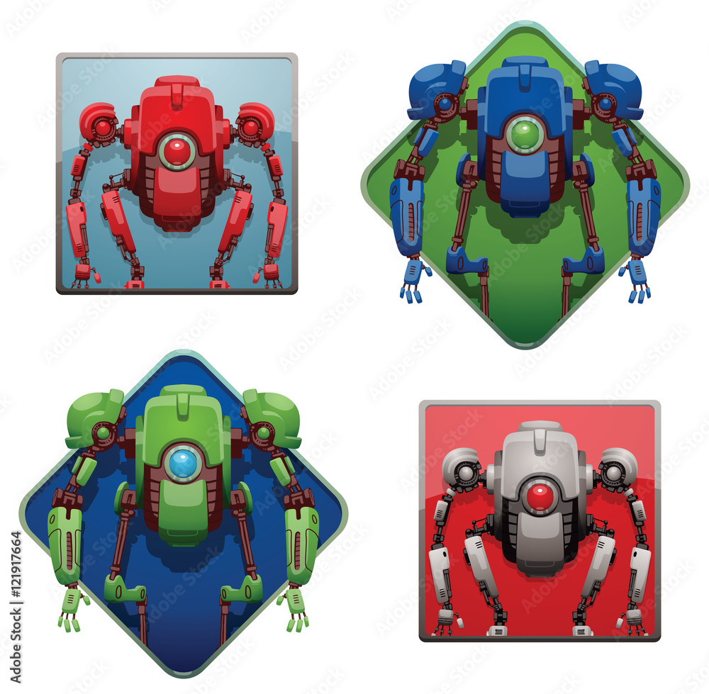 Vector set of frames with funny red, white, green, blue robots with two  arms and legs,