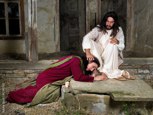 Canvastavla Mary Magdalene crying of shame and anointing Jesus' feet