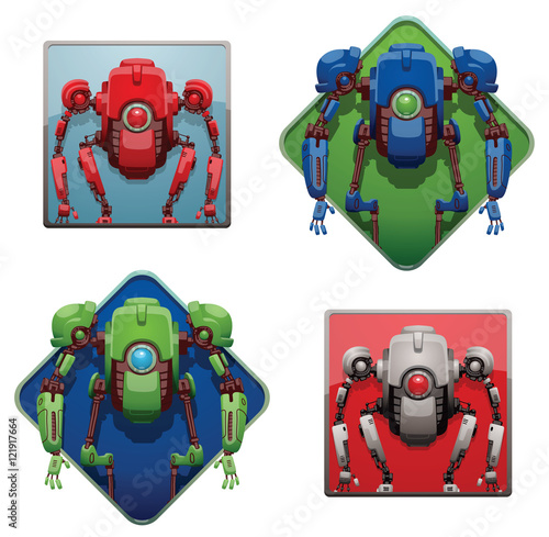 Vector set of frames with funny red, white, green, blue robots with two arms and legs, with a lens in the center of the body standing on a white background. Future, technology. Vector humanoid robot.
