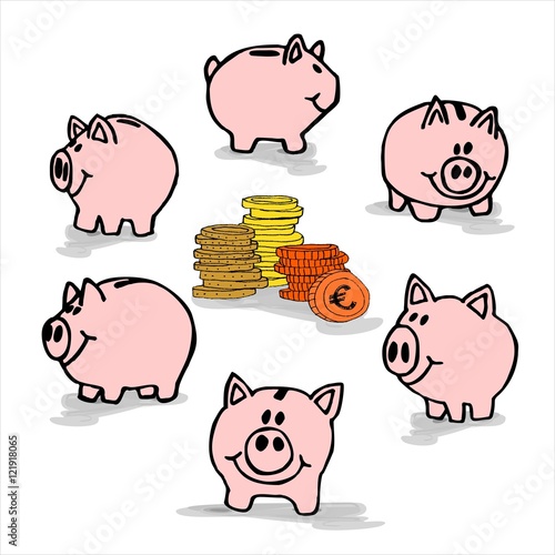 Sparschwein Sparschweine Geld Geldhaufen sparen gezeichnet gemalt Elemente Element Euro