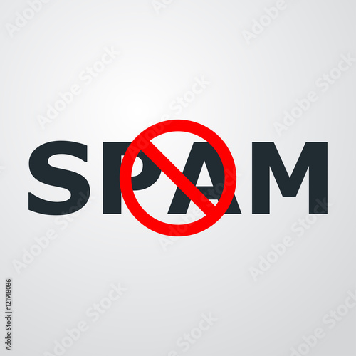 Icono plano texto SPAM con señal prohibido en fondo degradado