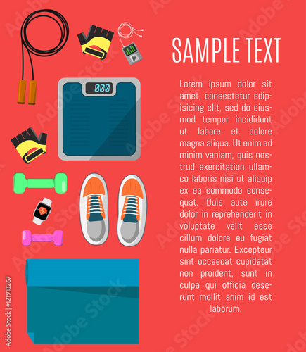 Vector illustration of gym sports equipment banner with space for text. Skipping rope, sports shoes, gloves, tracker bracelet, dumbbells and weigher on red background. Different tools for sport.