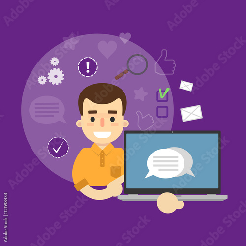 Smiling cartoon boy holding laptop with speech bubbles on screen. Social media banner on perpl background with communication icons, vector illustration. Chatting, international network, media app photo