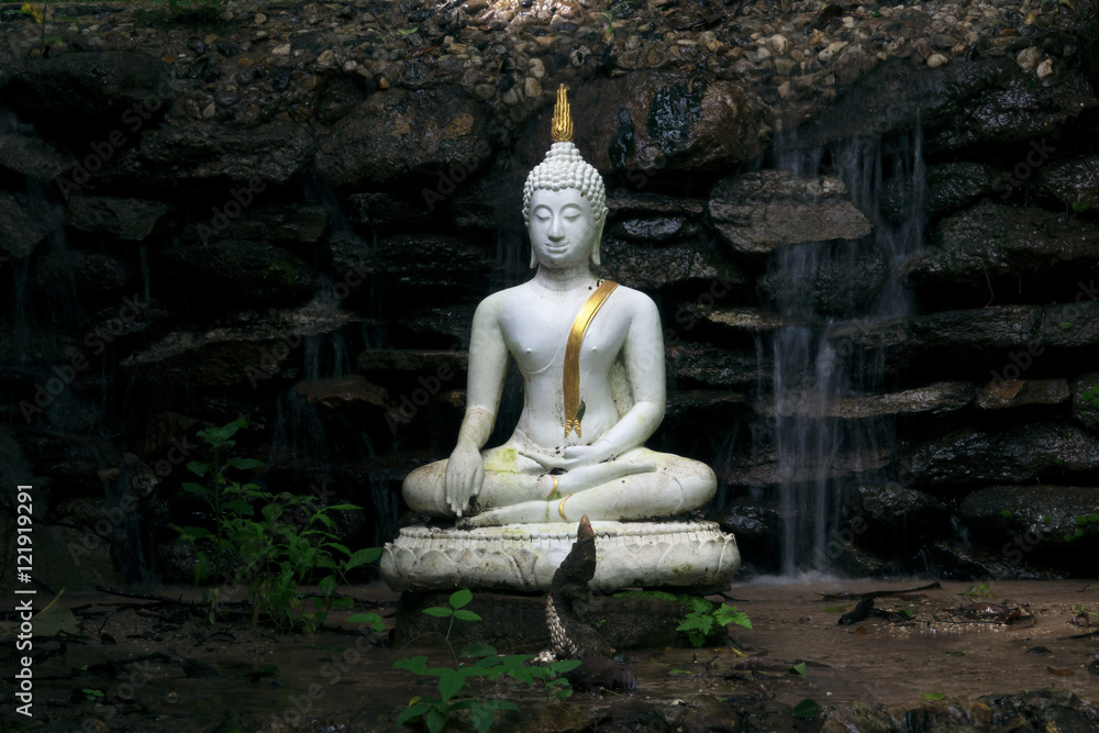 Obraz premium waterfall in mountains behind Buddha,