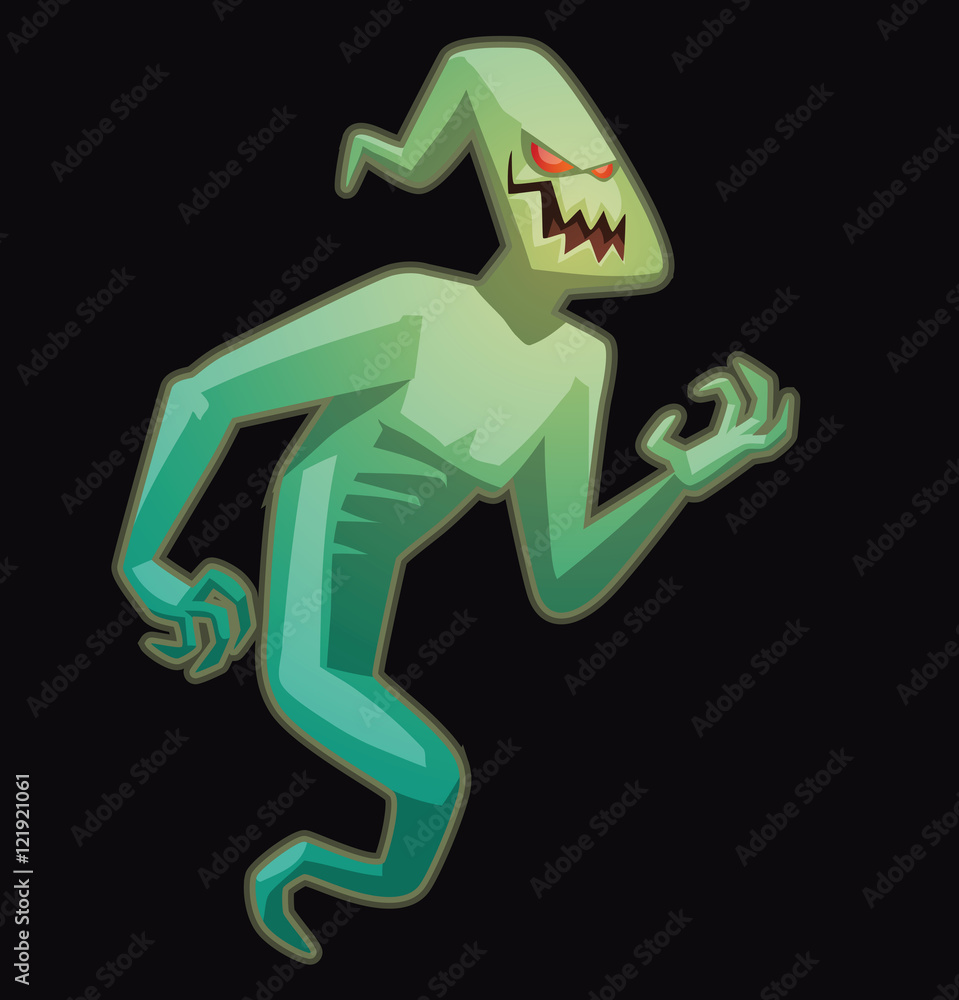 Vector cartoon image of funny light green ghost with red eyes flying and laughing on a black background. Halloween. Spirit, fear, terror. Vector illustration.