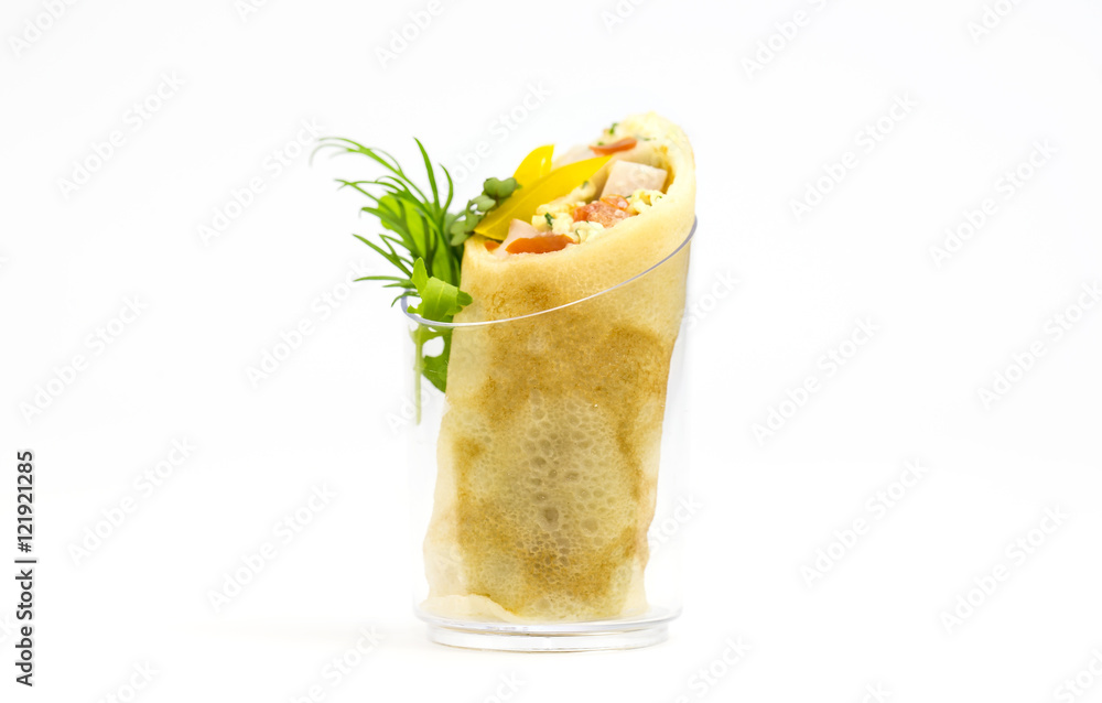 Fototapeta premium Mini Canape with meat and vegetables in plastic cups