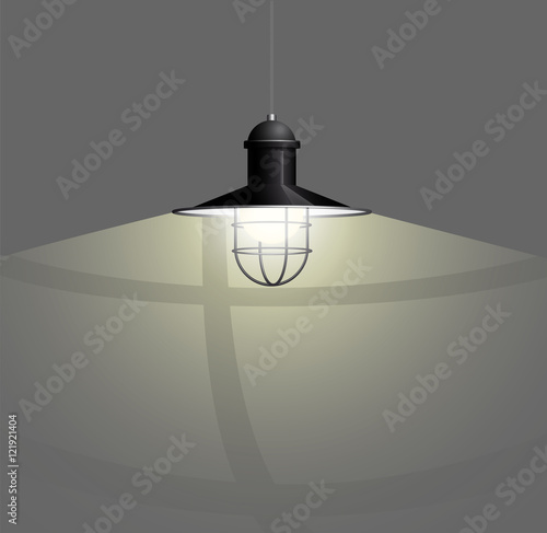 Ancient bronze lamp hanging on the wire. Big and empty space illuminated on the dark wall. Vector illustration of lighting.