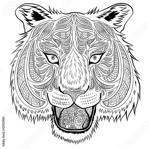 Fototapeta Naklejka Na Ścianę i Meble -  Tiger head hand-drawn doodle style. It can be used for adult coloring book.