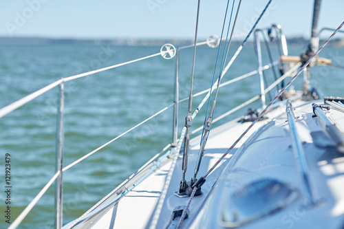 close up of sailboat or sailing yacht deck in sea