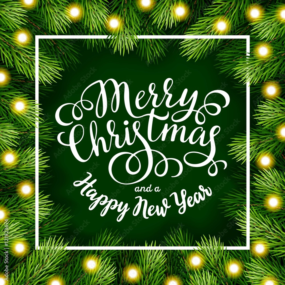 Merry Christmas hand lettering inscription with frame of fir branches