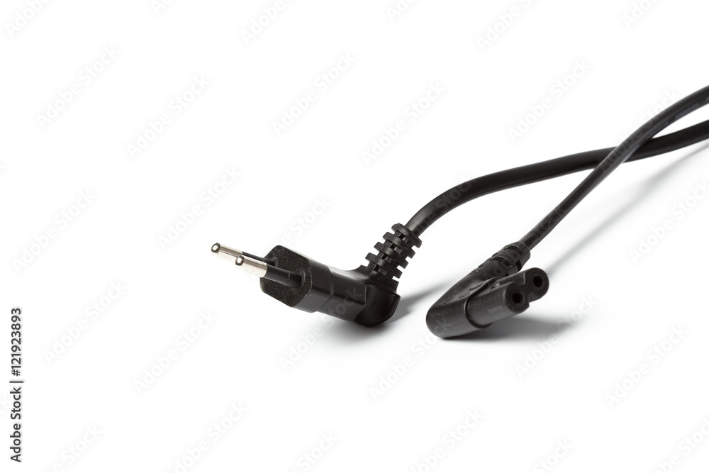 Black power cable with plug and socket isolated on white Black power cable with plug and socket isolated on white