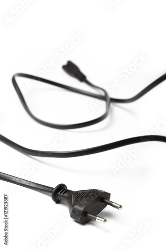 Black power cable with plug and socket isolated on white