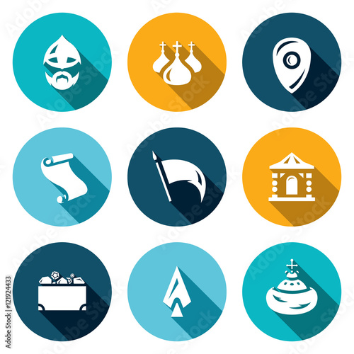 Vector Set of Ancient Russia Icons. Bogatyr, Church, Army, Banner, Palace, Monarch, Paper, Weapon, Wealth.