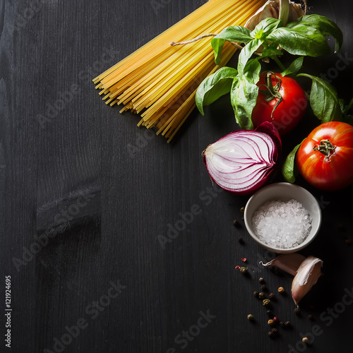 Ingredients for cooking pasta Bolognese. Spaghetti, Parmesan che