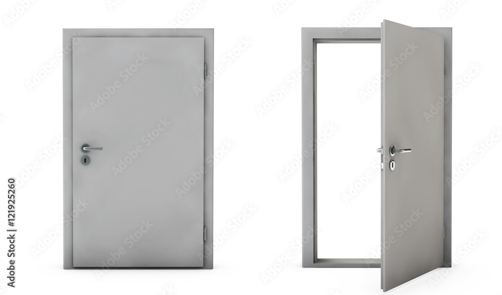 Closed and Open Doors Isolated 3D render Closed and Open Doors Isolated 3D render