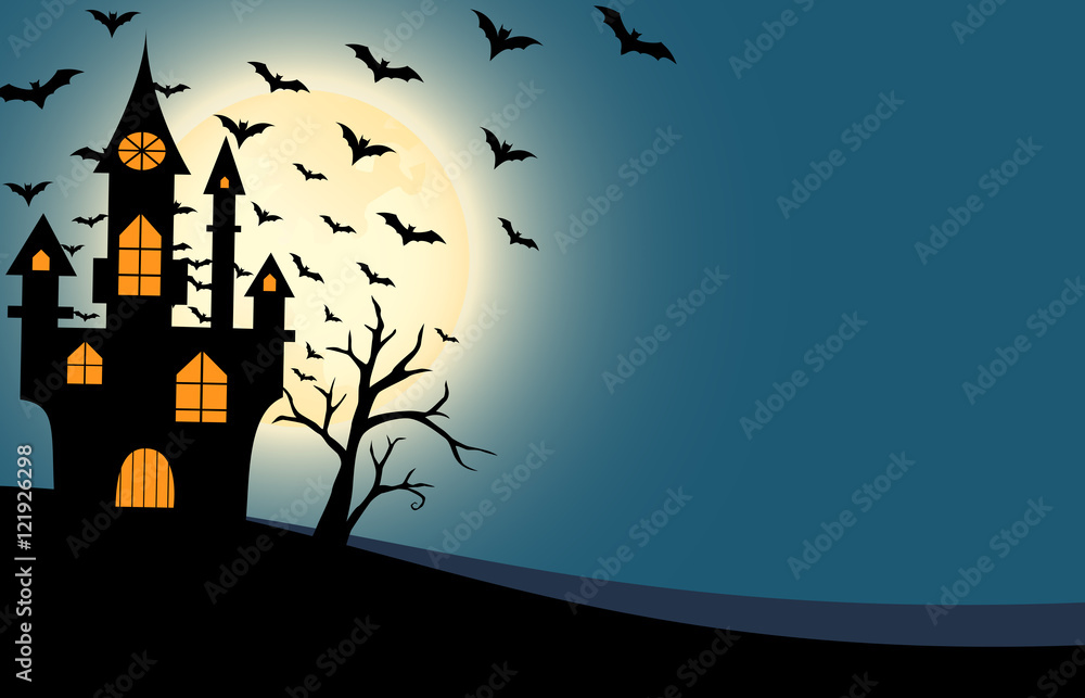 Halloween castle and bats full moon night background