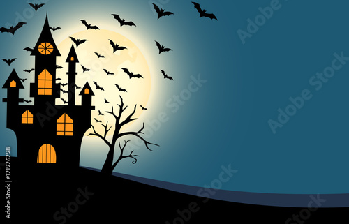 Halloween castle and bats full moon night background