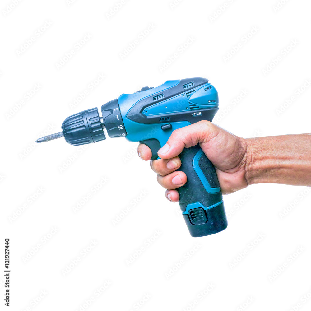 Hand holding cordless drill or cordless screwdriver isolated on white Hand holding cordless drill or cordless screwdriver isolated on white
