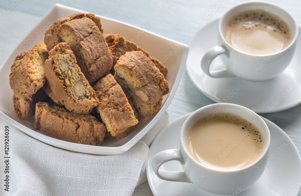 Two cups of coffee with Cantuccini Two cups of coffee with Cantuccini