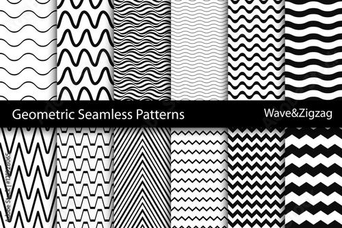 Collection of geometric seamless patterns. Wave, zigzag texture. © ExpressVectors