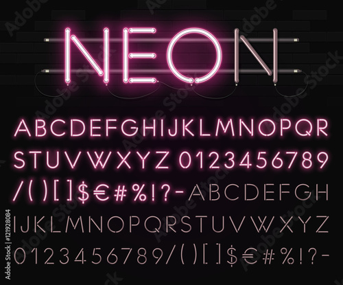 Realistic neon alphabet on a background of black brick wall. Bright glowing font. Vector format