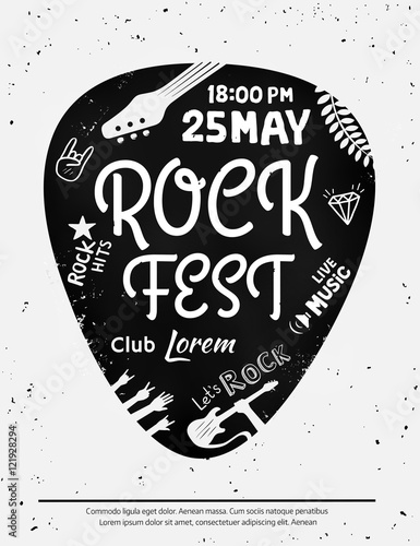 Vintage rock festival poster with Rock and Roll icons on grunge background. Vector format