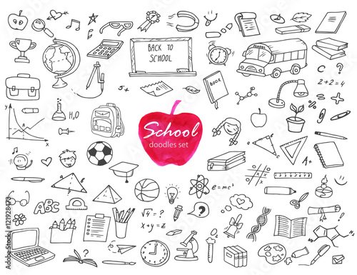 Hand-drawn doodles school set with different school objects. Line art illustration with study equipment, school bus, marks, drawings, computer, globe, books etc.