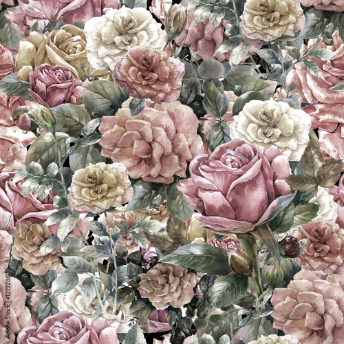 Fototapeta Watercolor painting of flowers, rose , seamless pattern