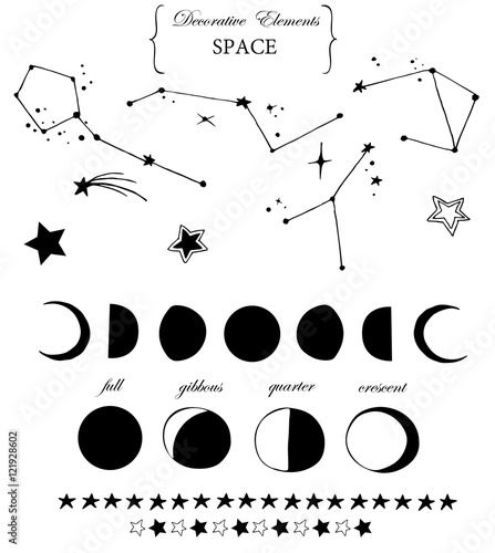 Hand-drawn set of the decorative space and astrology elements. Line art collection of the drawings: stars, constellations and moon phases.