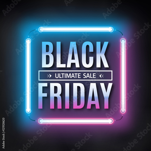 Black friday sale design template. Black friday light frame. Glowing neon background. Vector illustration