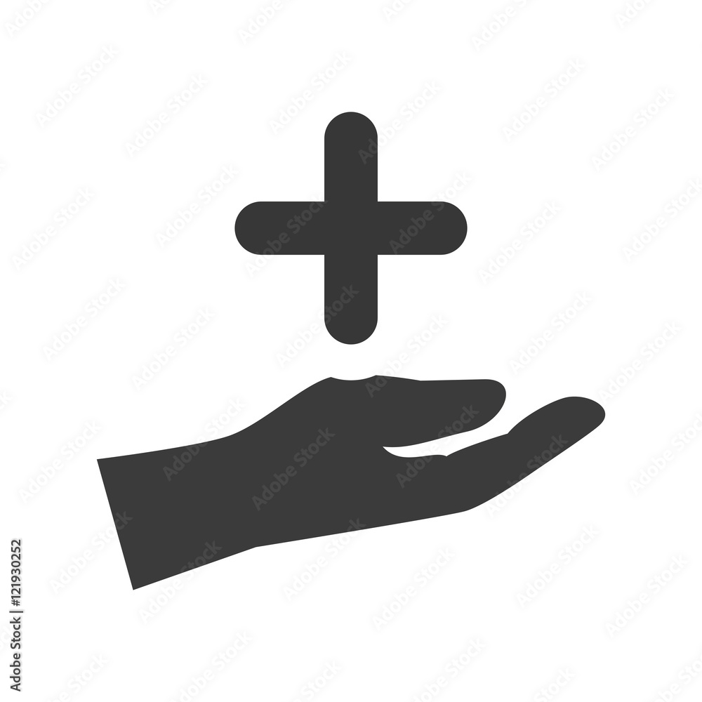 Obraz premium human hand holding a plus icon silhouette. vector illustration
