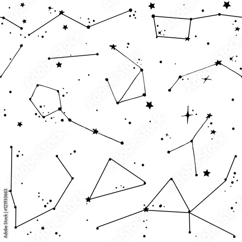 Doodle seamless white pattern with different constellations and stars. Line art repeated white astronomy background.