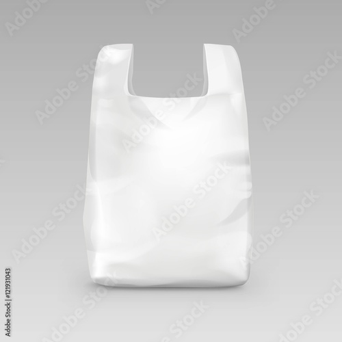 White Disposable Plastic Shopping Bag with Handles Isolated on Background