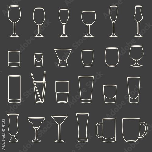 Set of linear drinkware on grey background