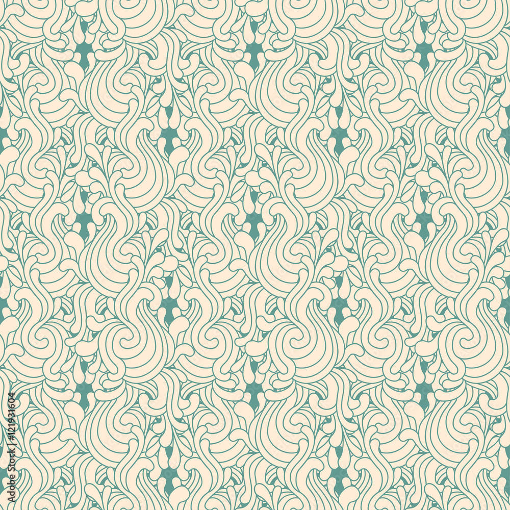 Seamless decorative zentangle graphic pattern on teal background