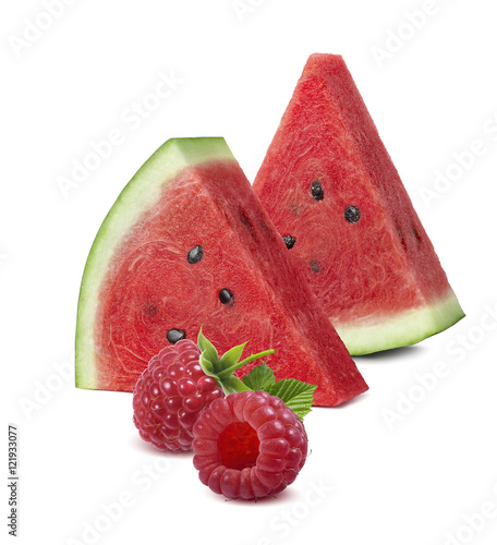 Triangular watermelon pieces raspberry isolated on white background