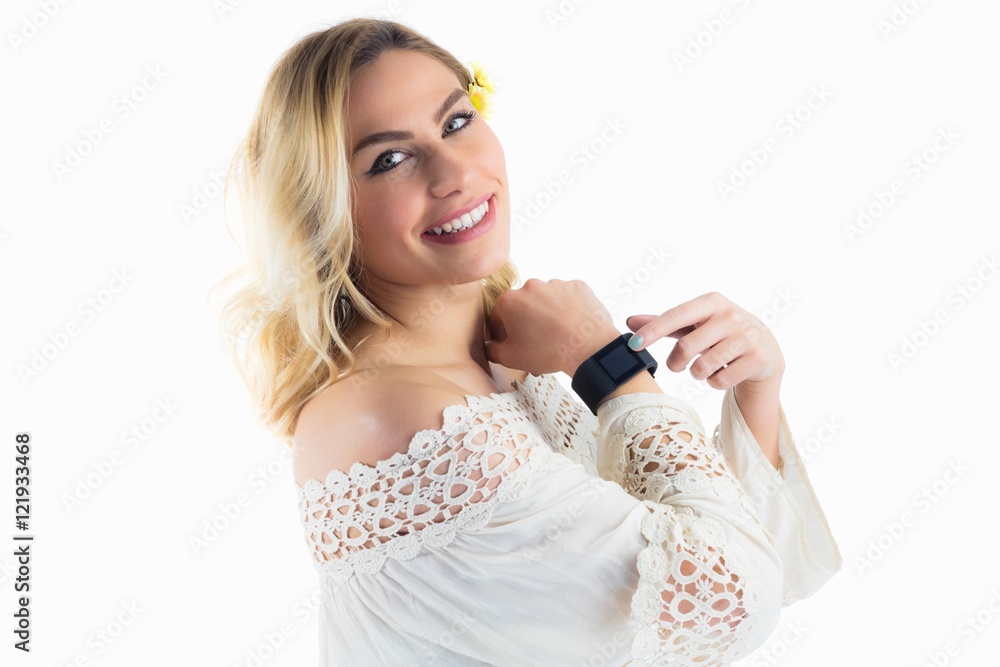 Portrait of beautiful woman posing with smartwatch Portrait of beautiful woman posing with smartwatch