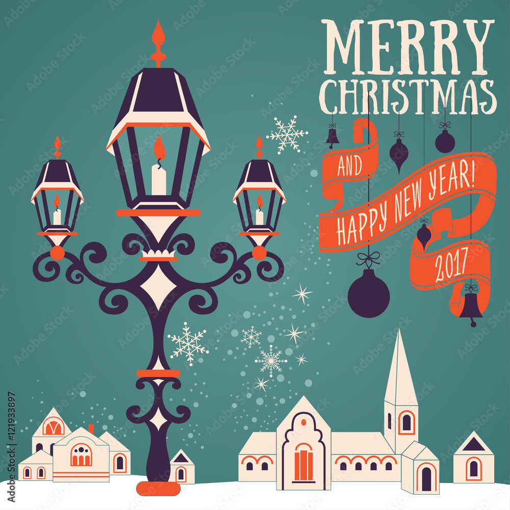 Christmas card with candle lantern