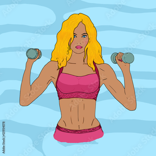 Blonde cartoon girl exercising with dumbbells