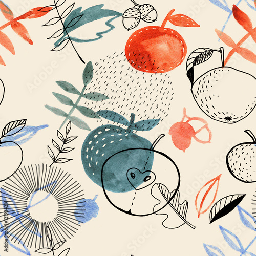 Hand-drawn abstract autumn pattern with decorative watercolor and ink elements: apples, leaves, fruits. Repeated seamless background.