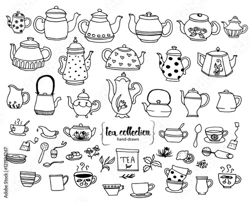 Hand-drawn tea doodle collection. Vector doodle set with teapots, glass, decoration, cup, sugar, lemon and tea