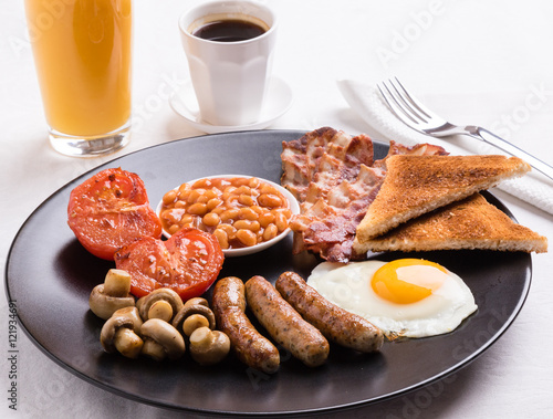 full english breakfast on black plate