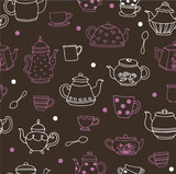 Doodle seamless pattern with different teapots and cups objects. Line art repeated black background.